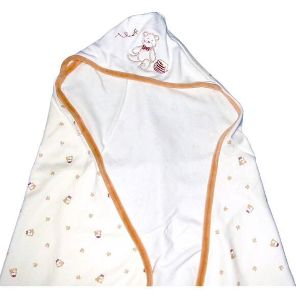 Le Top Infant Bath Blanket Tan and White Hooded Teddy Bear Accent 19 x 19 Inches - Picture 1 of 3